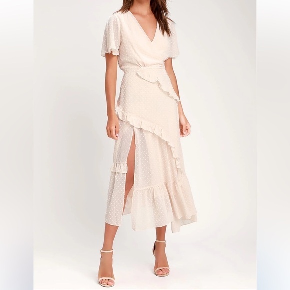 Lulus | NWT Next to You Cream Swiss Dot Ruffled Midi Asymmetrical Ruffle Dress M - Picture 1 of 7